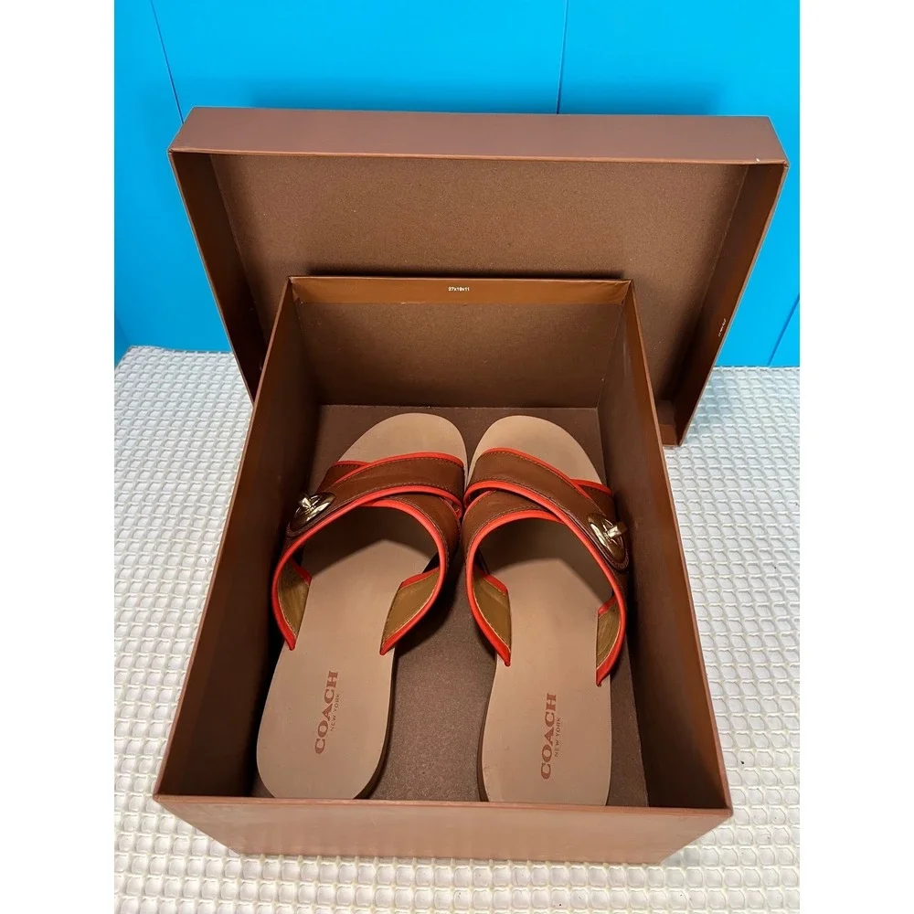 COACH Crossband‎ Sandals Slides Leather 6.5B Brown Orange Gold Hardware EUC